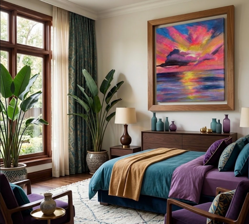 A framed colorful sunset-over-water painting displayed in a styled bedroom interior
